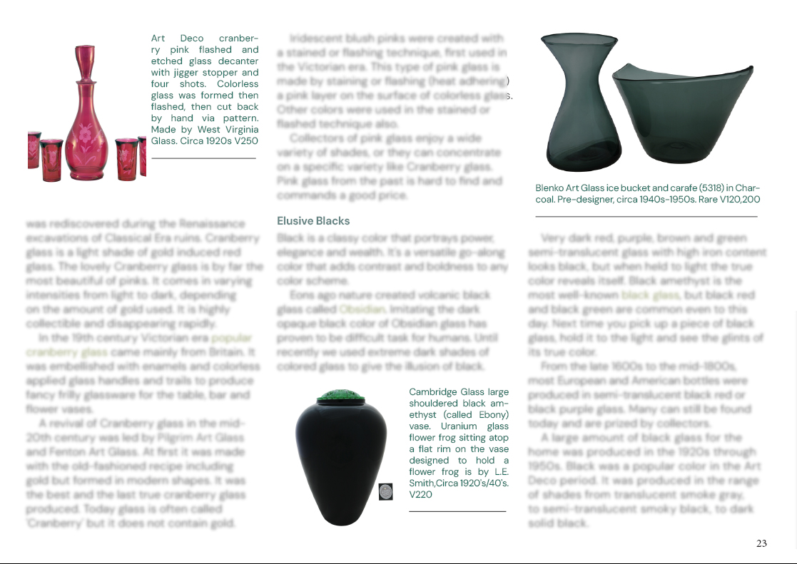 Glass collections in color themes.